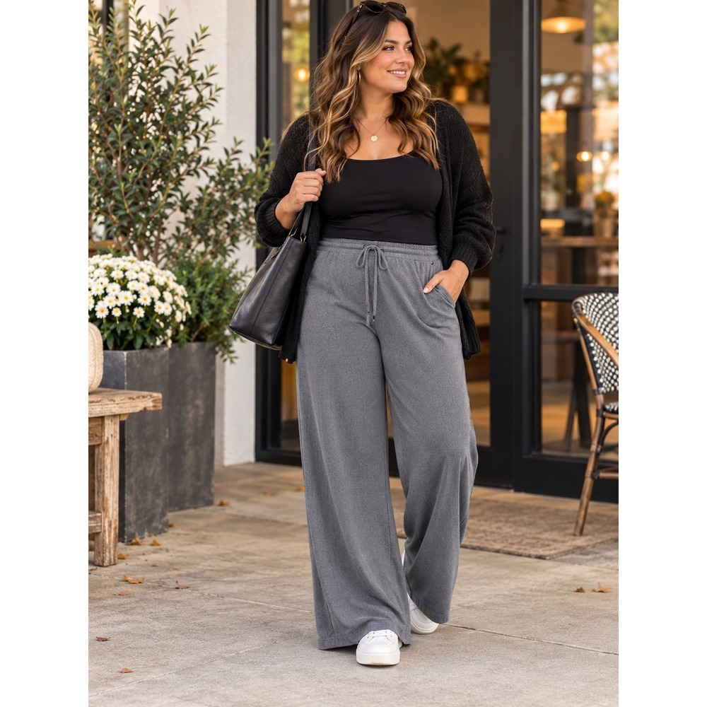 Gray Elastic Waist Drawstring Wide Leg Womens XXL Trouser Pants Office Plus Work